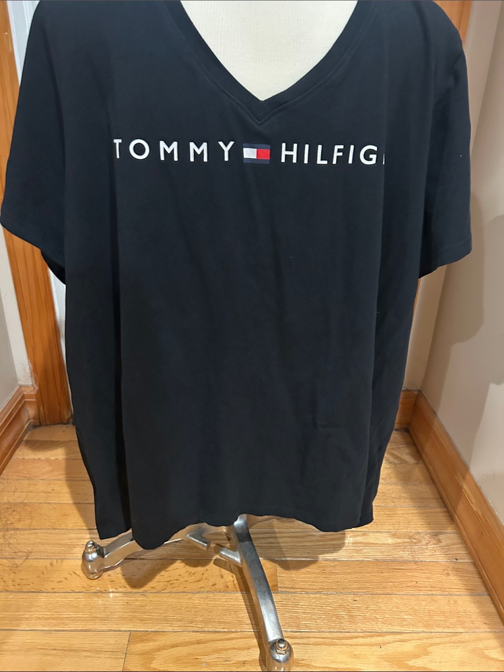 Tommy Hilfiger Black V-Neck Logo Tee with Flag Detail